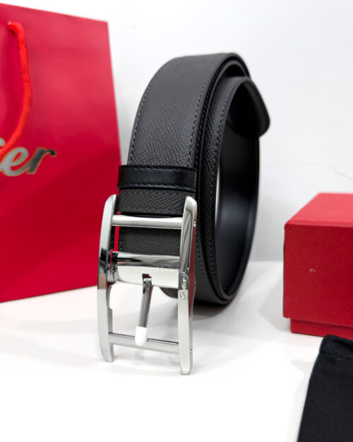 Cartier Silver Tank Buckle Grey/Black 35mm Leather Belt