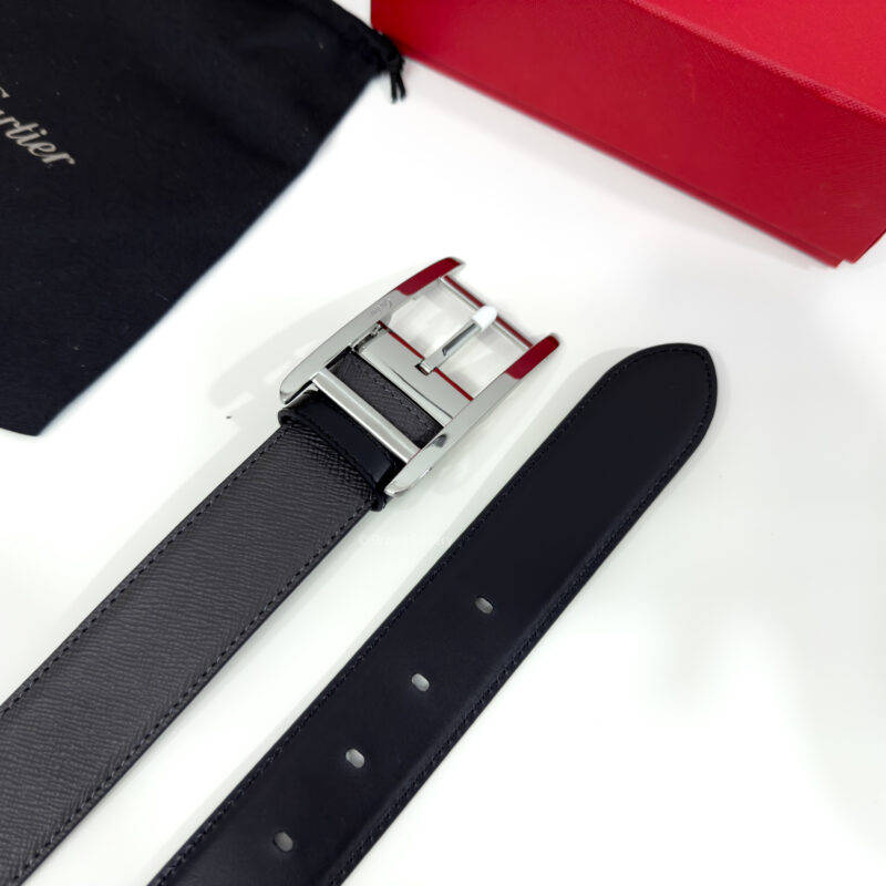 Cartier Silver Tank Buckle Grey/Black 35mm Leather Belt