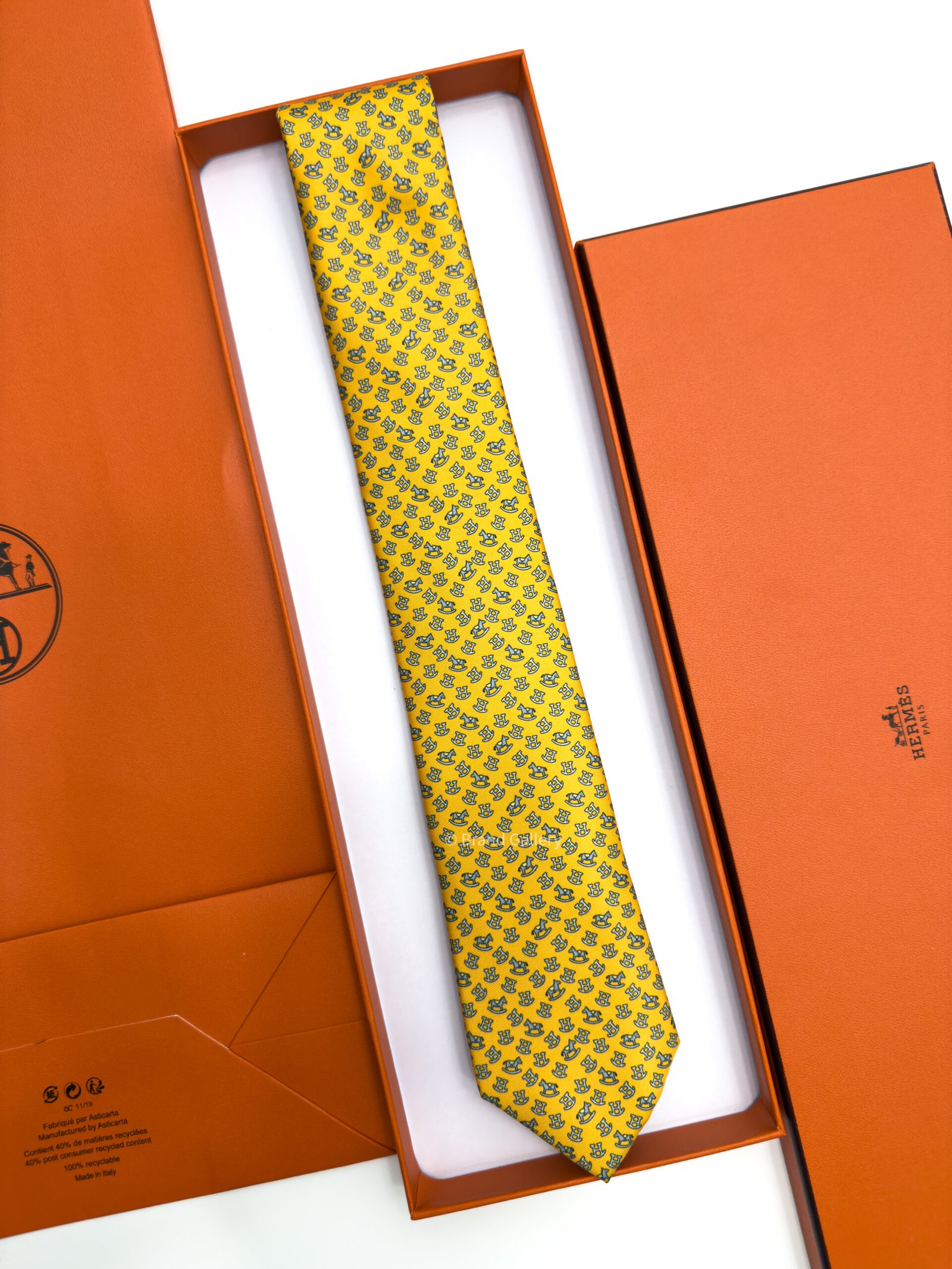 Hermes Yellow Rocking Horse Soft Silk Tie