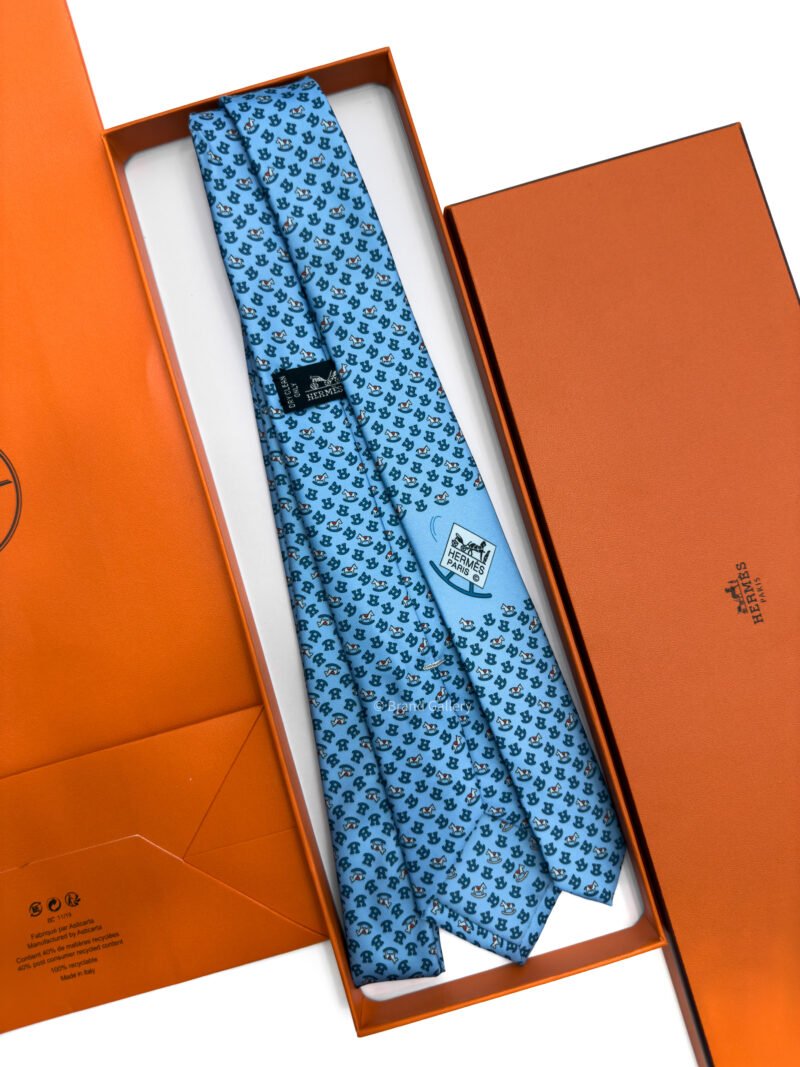 Hermes Ocean Blue Rocking Horse Soft Silk Tie