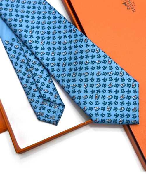 Hermes Ocean Blue Rocking Horse Soft Silk Tie