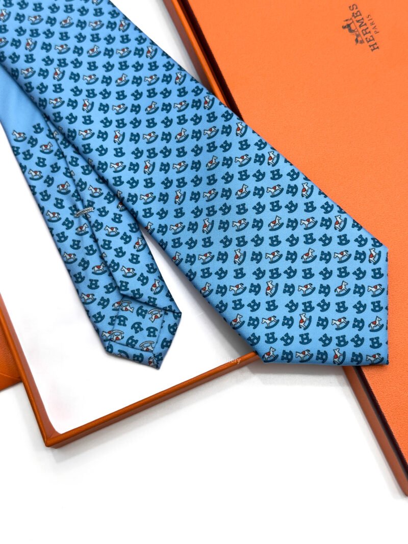 Hermes Ocean Blue Rocking Horse Soft Silk Tie