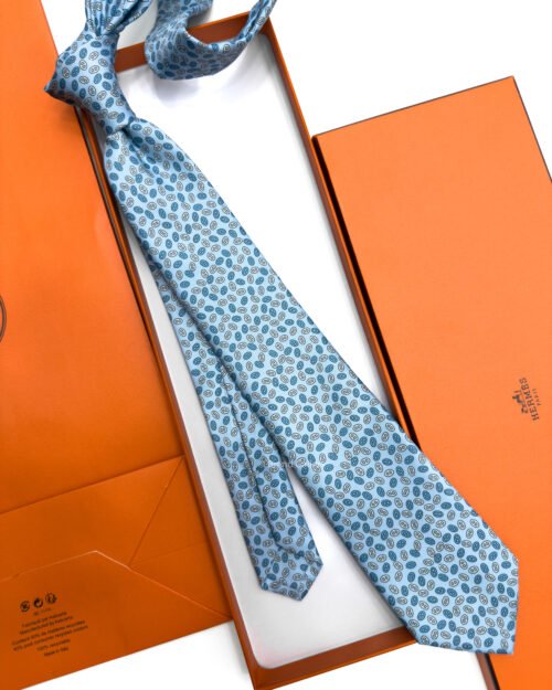 Hermes Sky Blue Petits Mailons Soft Silk Tie