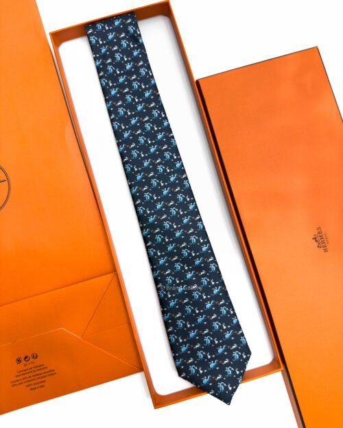 Hermes Navy Blue Lapindragon Soft Silk Tie