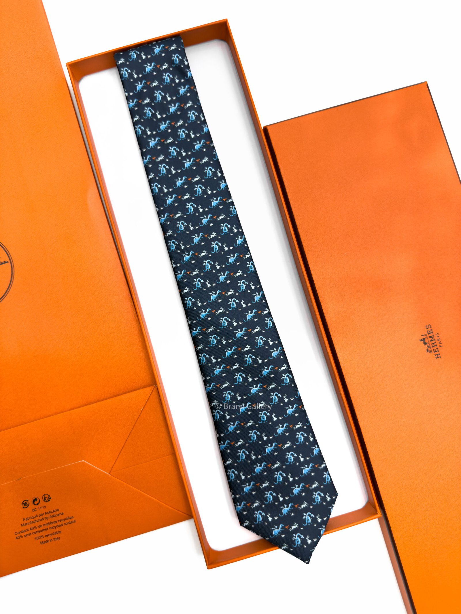 Hermes Navy Blue Lapindragon Soft Silk Tie