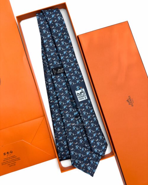 Hermes Navy Blue Lapindragon Soft Silk Tie