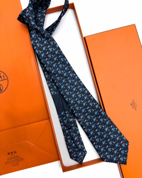 Hermes Navy Blue Lapindragon Soft Silk Tie