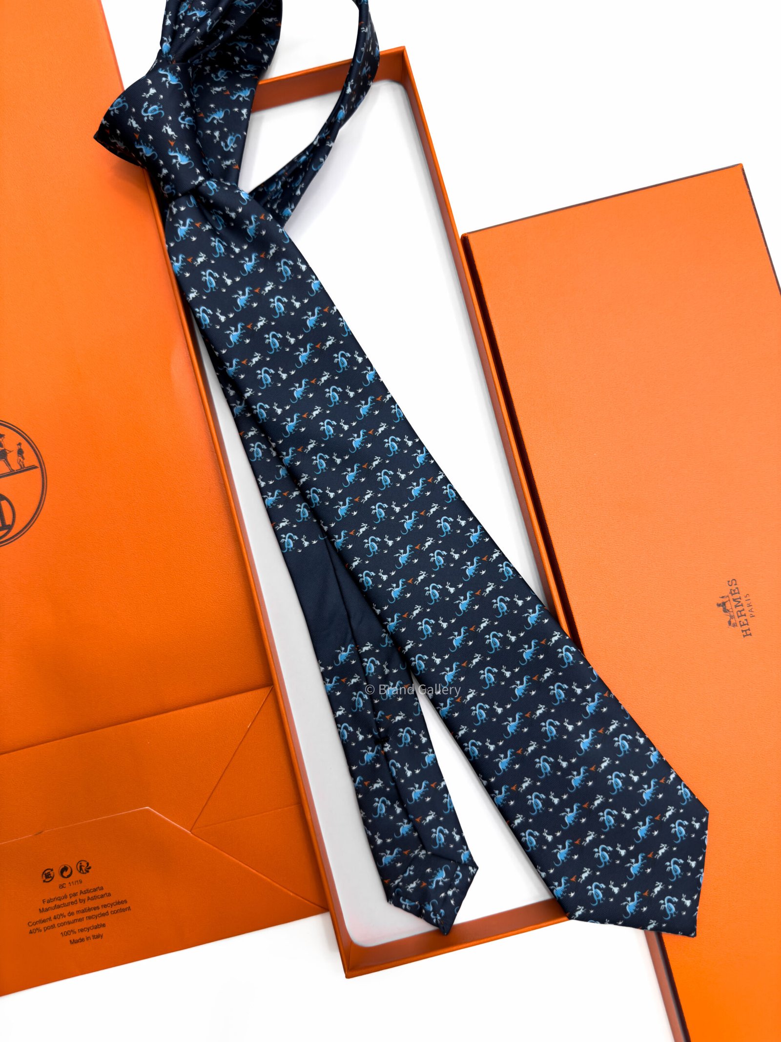 Hermes Navy Blue Lapindragon Soft Silk Tie