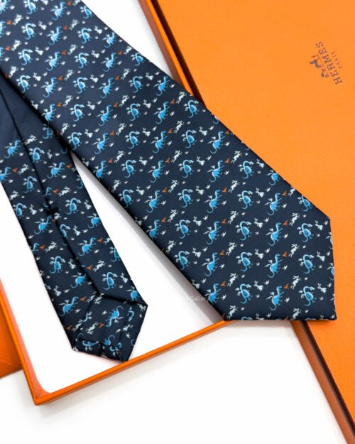 Hermes Navy Blue Lapindragon Soft Silk Tie
