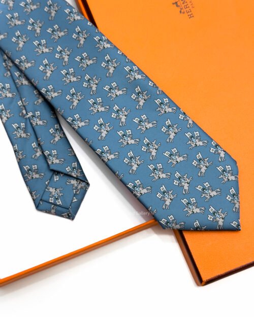 Hermes Blue-Grey Sur les Toits Soft Silk Tie