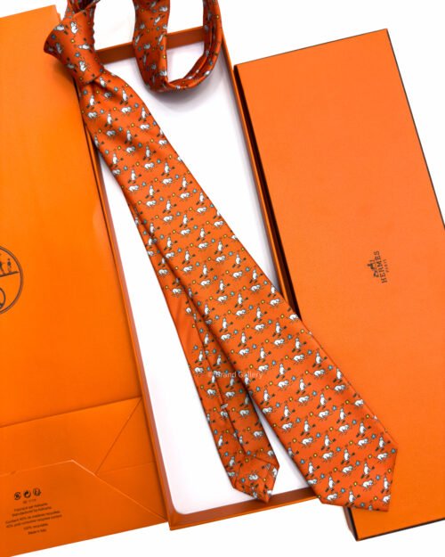 Hermes Orange Puppy dream Soft Silk Tie