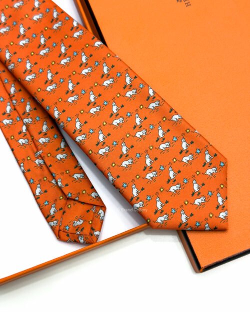 Hermes Orange Puppy dream Soft Silk Tie
