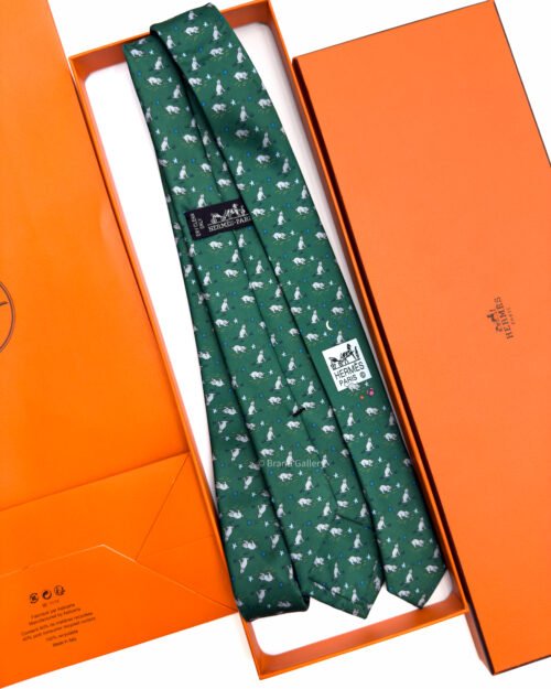 Hermes Green Puppy dream Soft Silk Tie