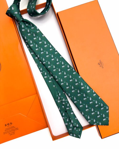 Hermes Green Puppy dream Soft Silk Tie
