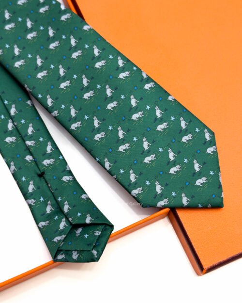 Hermes Green Puppy dream Soft Silk Tie