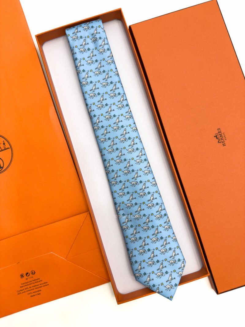 Hermes Sky Blue Puppy dream Soft Silk Tie