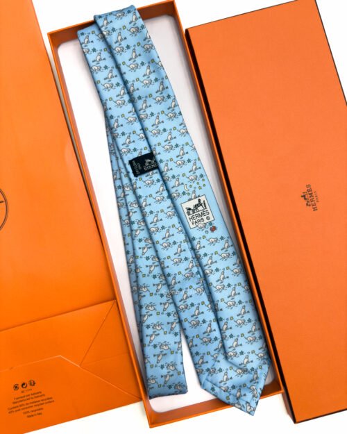 Hermes Sky Blue Puppy dream Soft Silk Tie