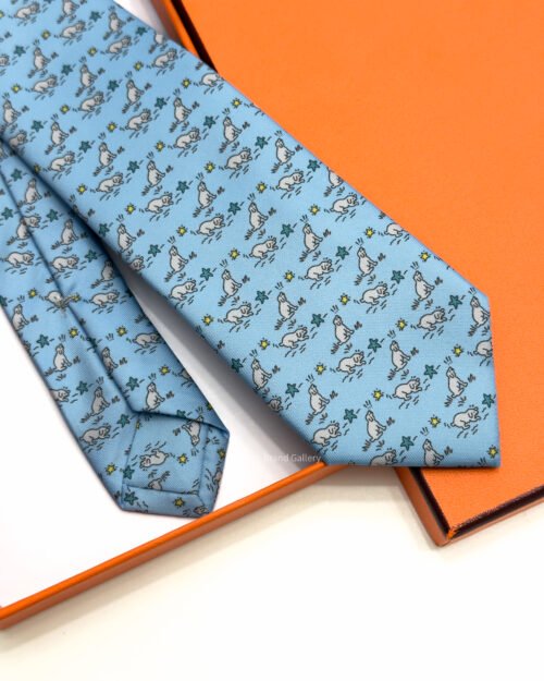 Hermes Sky Blue Puppy dream Soft Silk Tie