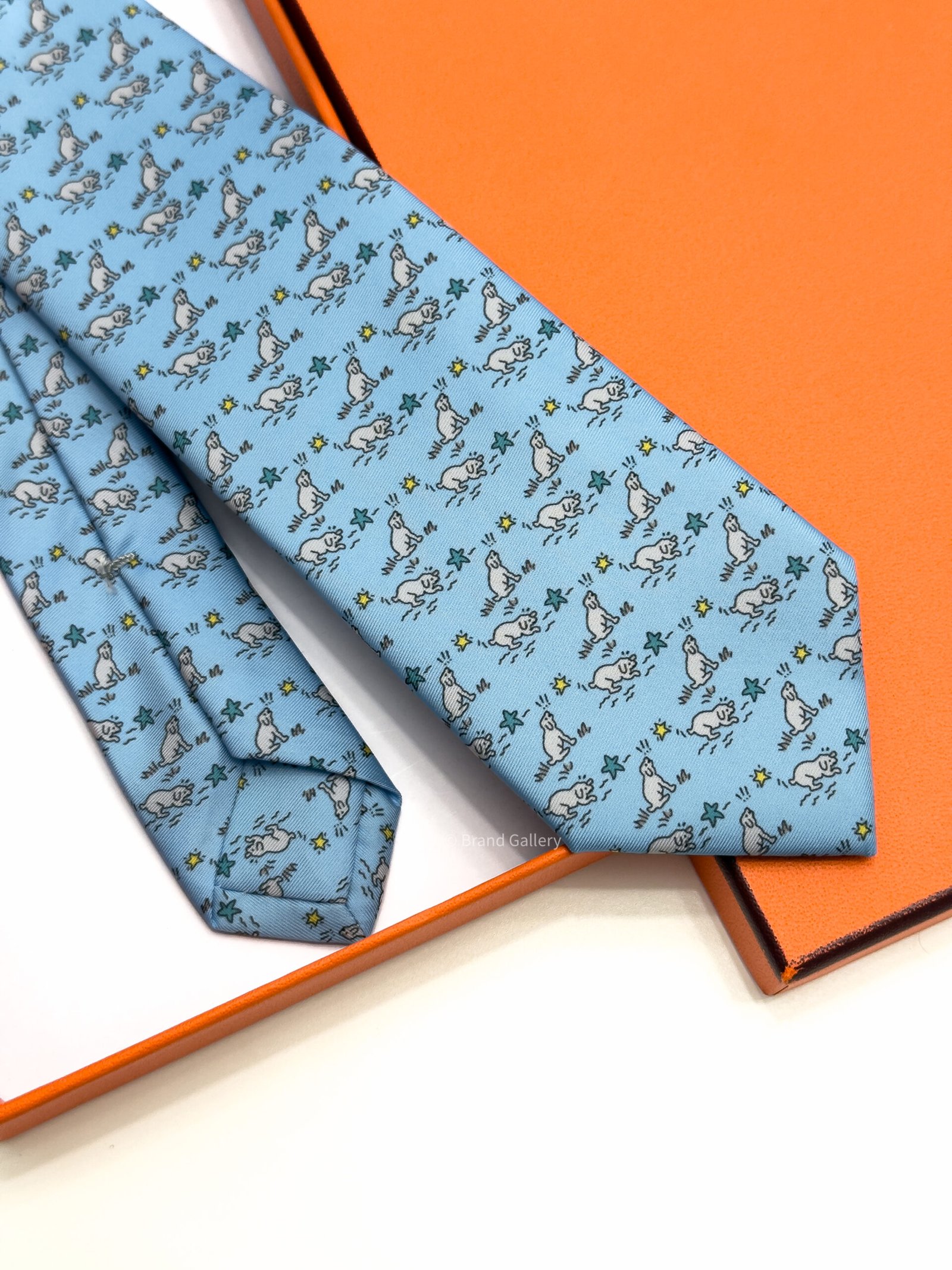 Hermes Sky Blue Puppy dream Soft Silk Tie