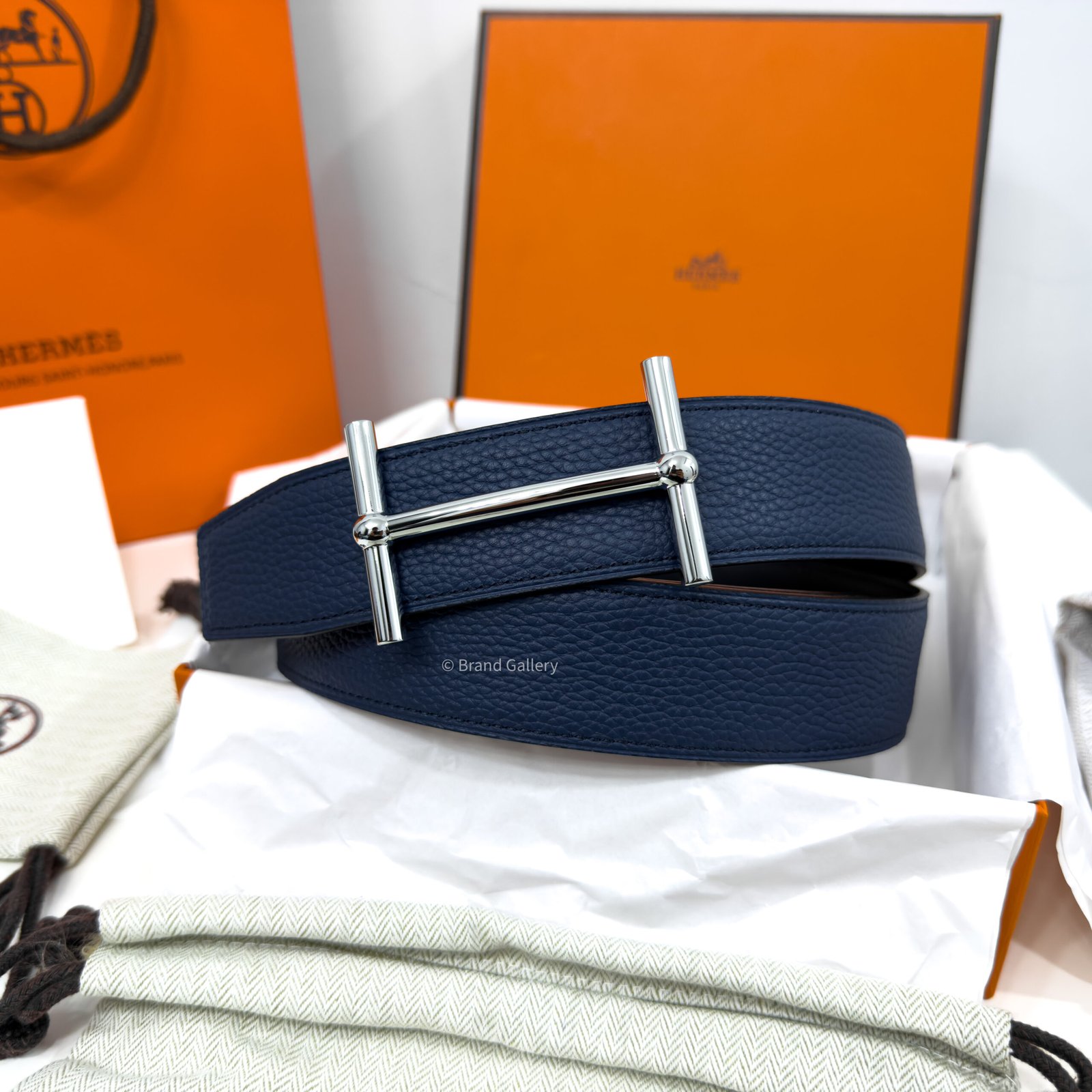 Hermes H Buckle Blue/Black Reversible Belt