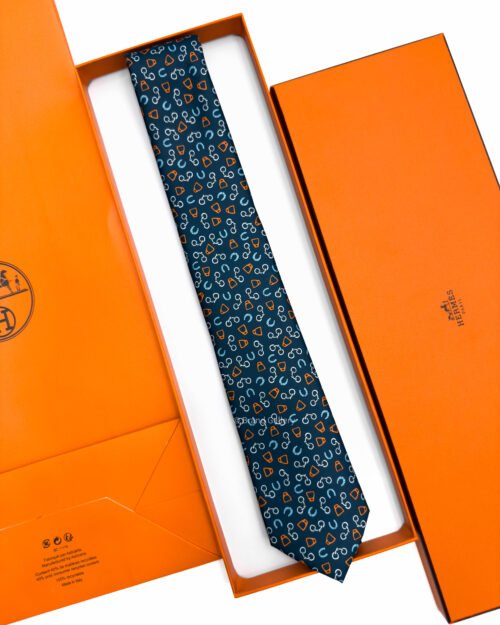 Hermes Navy Orange Metal en Vrac Twillbi Soft Silk Tie