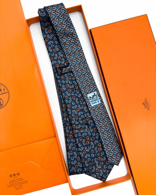 Hermes Navy Orange Metal en Vrac Twillbi Soft Silk Tie