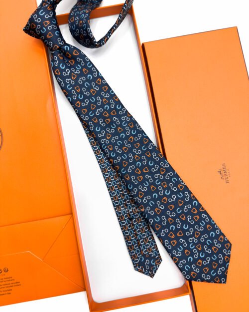 Hermes Navy Orange Metal en Vrac Twillbi Soft Silk Tie