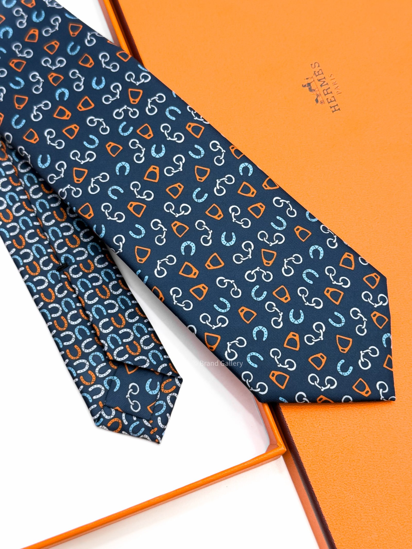Hermes Navy Orange Metal en Vrac Twillbi Soft Silk Tie
