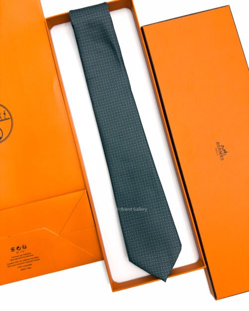 Hermes Grey Orange Mosaique du Faubourg Soft Silk Tie