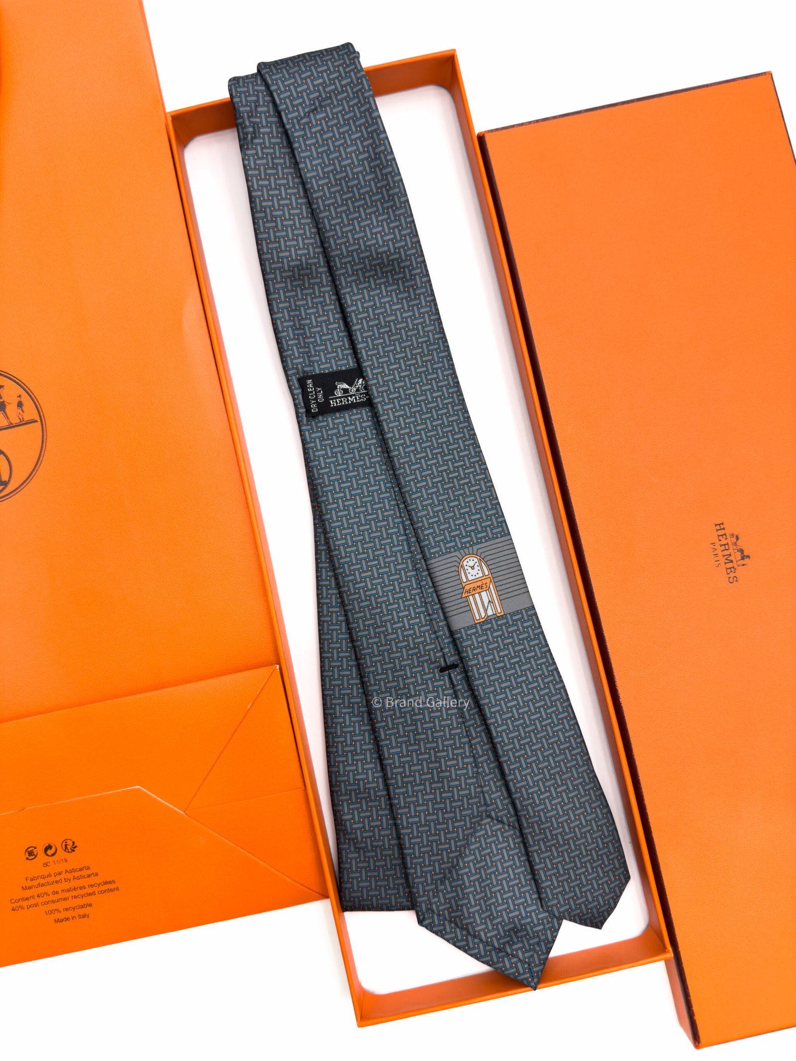 Hermes Grey Orange Mosaique du Faubourg Soft Silk Tie