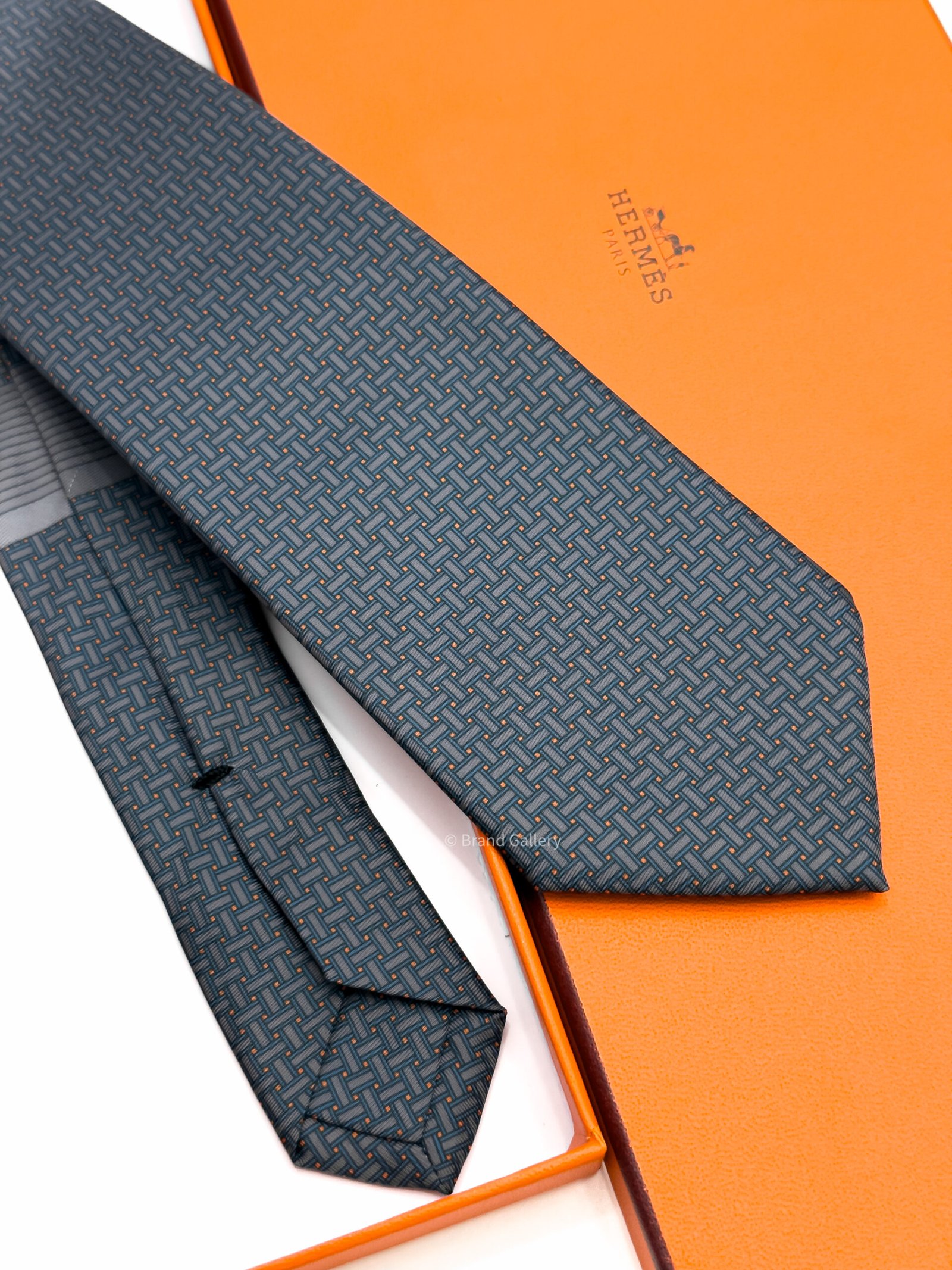 Hermes Grey Orange Mosaique du Faubourg Soft Silk Tie