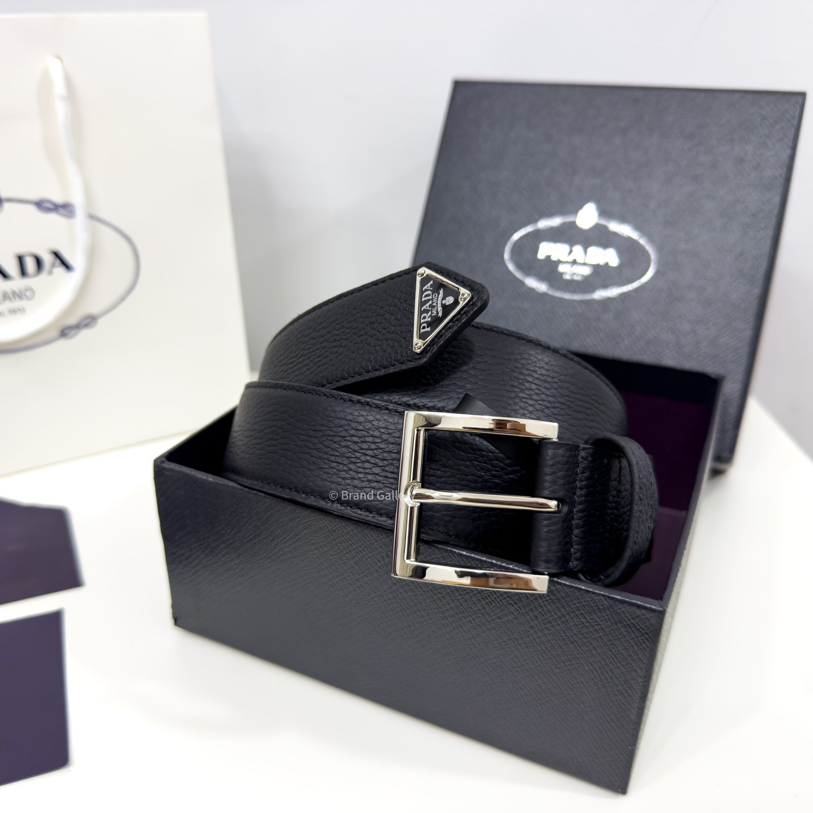 Prada Enameled-metal Black 35mm Leather Belt