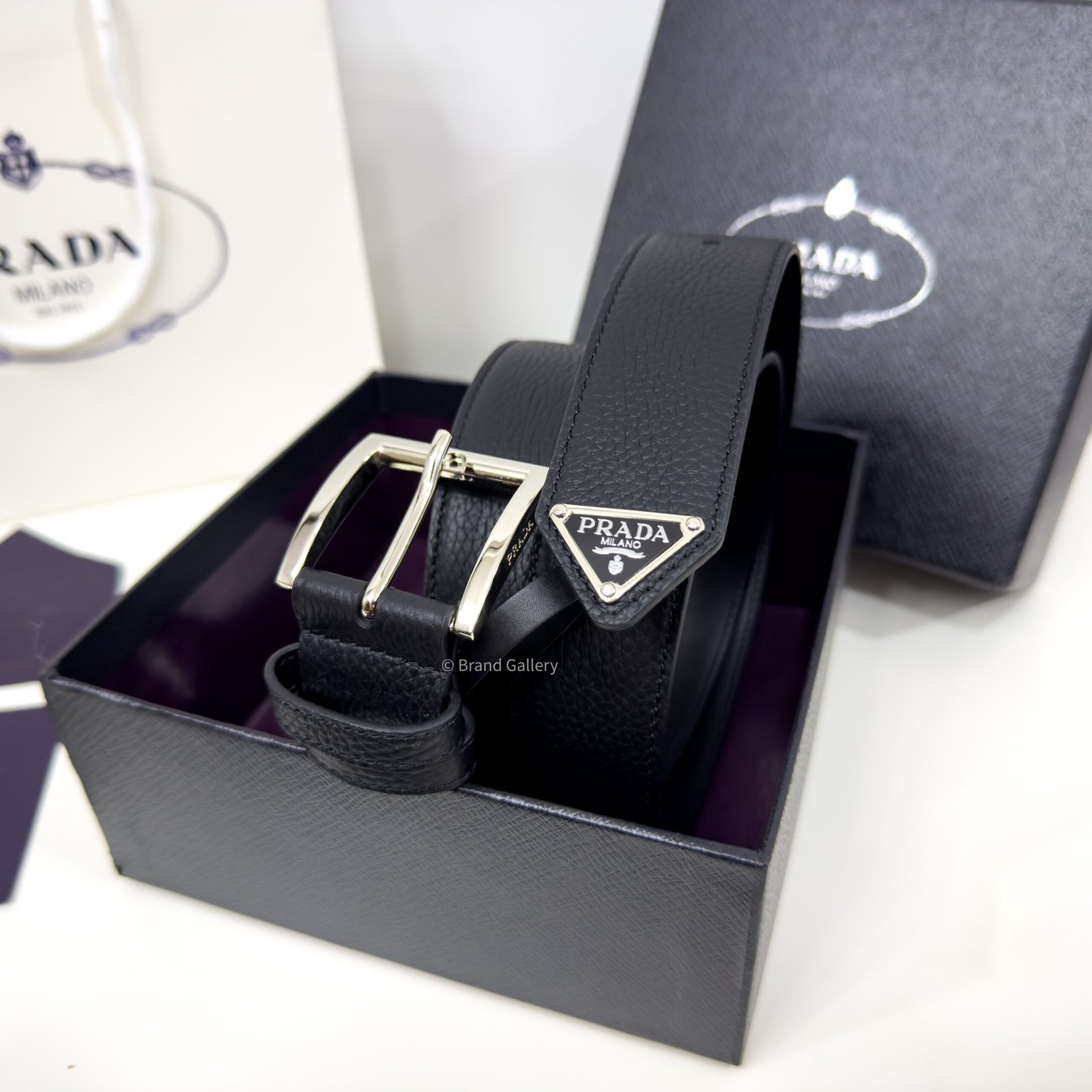 Prada Enameled-metal Black 35mm Leather Belt