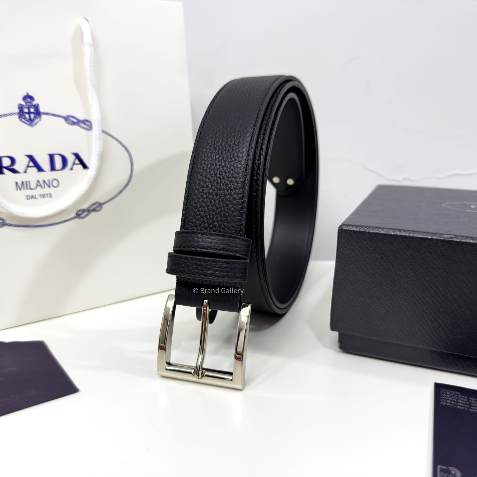 Prada Enameled-metal Black 35mm Leather Belt