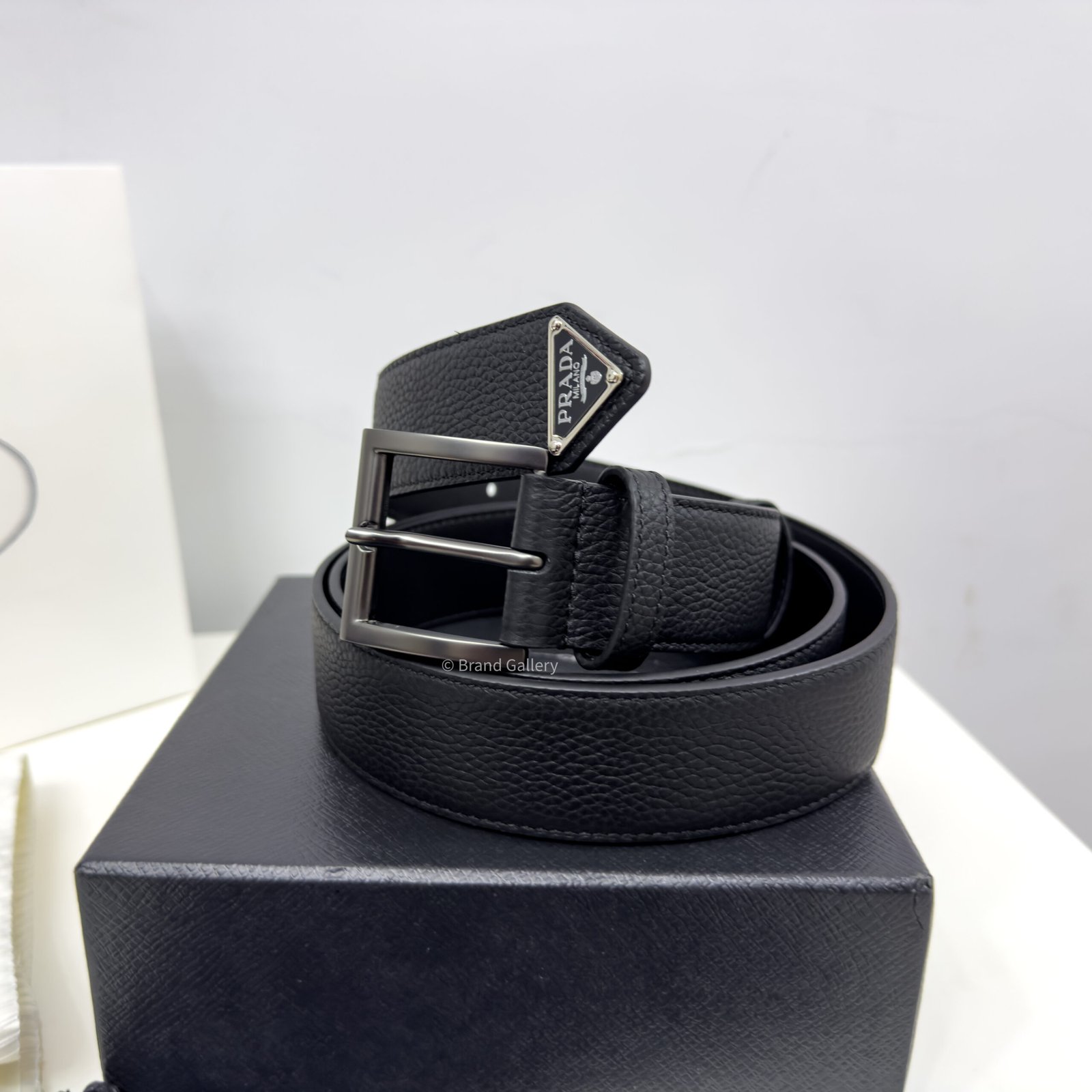 Prada Gun-metal Black 35mm Leather Belt