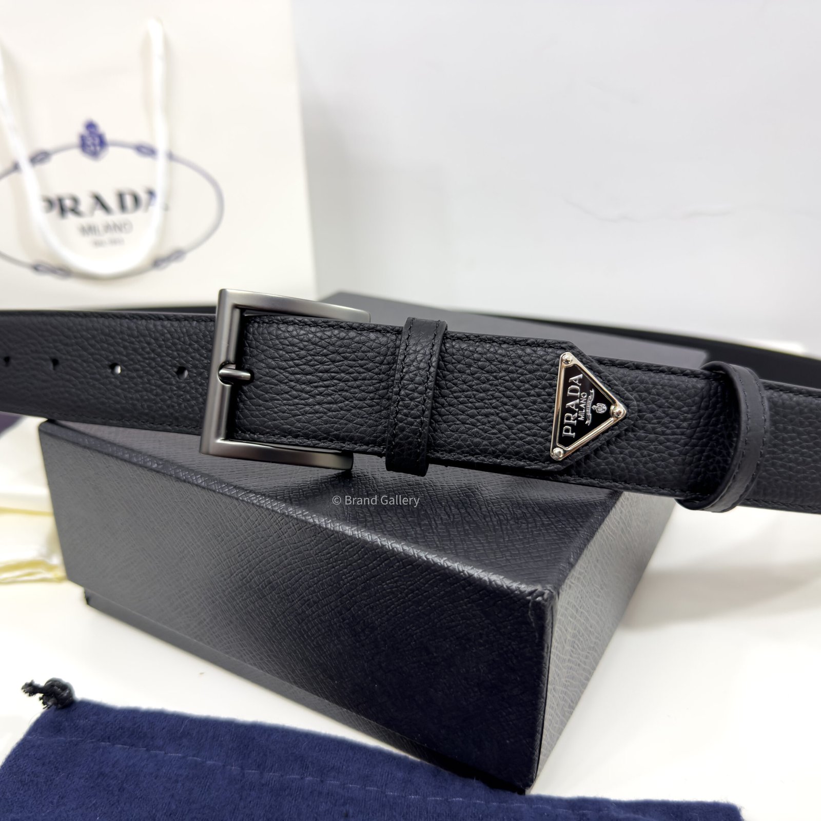 Prada Gun-metal Black 35mm Leather Belt