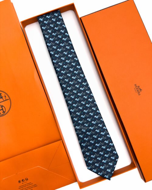 Hermes Navy Sky Blue Ecureuil Marteau Soft Silk Tie