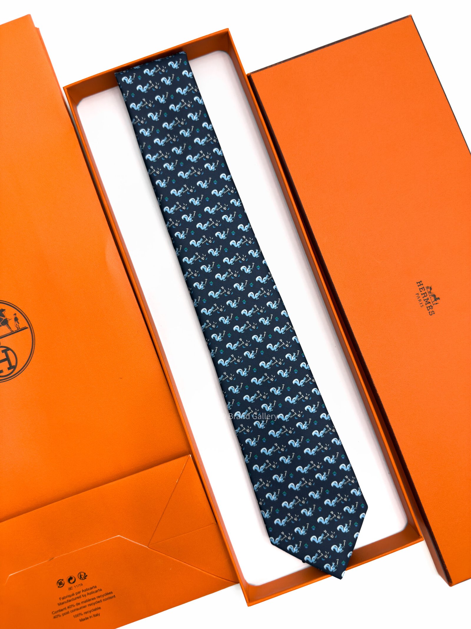 Hermes Navy Sky Blue Ecureuil Marteau Soft Silk Tie