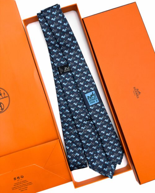 Hermes Navy Sky Blue Ecureuil Marteau Soft Silk Tie