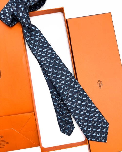 Hermes Navy Sky Blue Ecureuil Marteau Soft Silk Tie