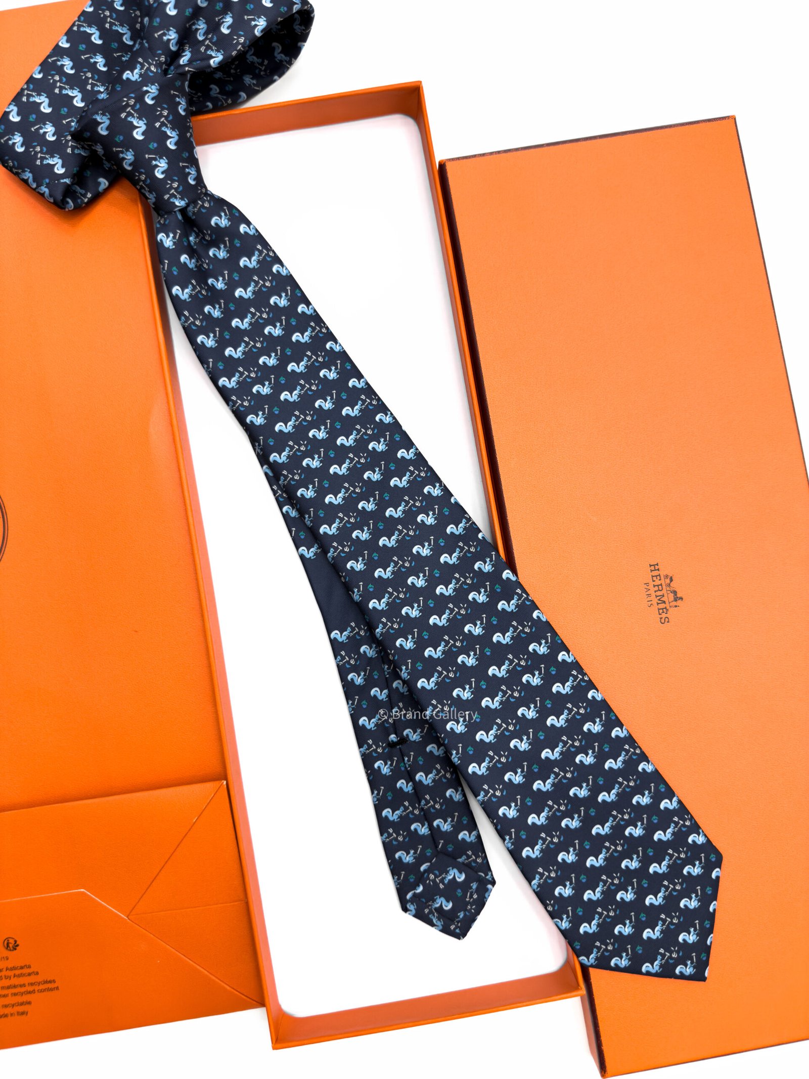 Hermes Navy Sky Blue Ecureuil Marteau Soft Silk Tie