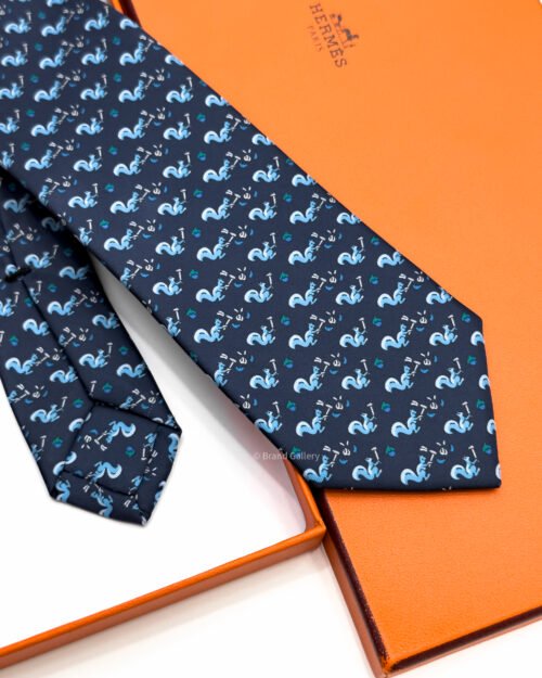 Hermes Navy Sky Blue Ecureuil Marteau Soft Silk Tie