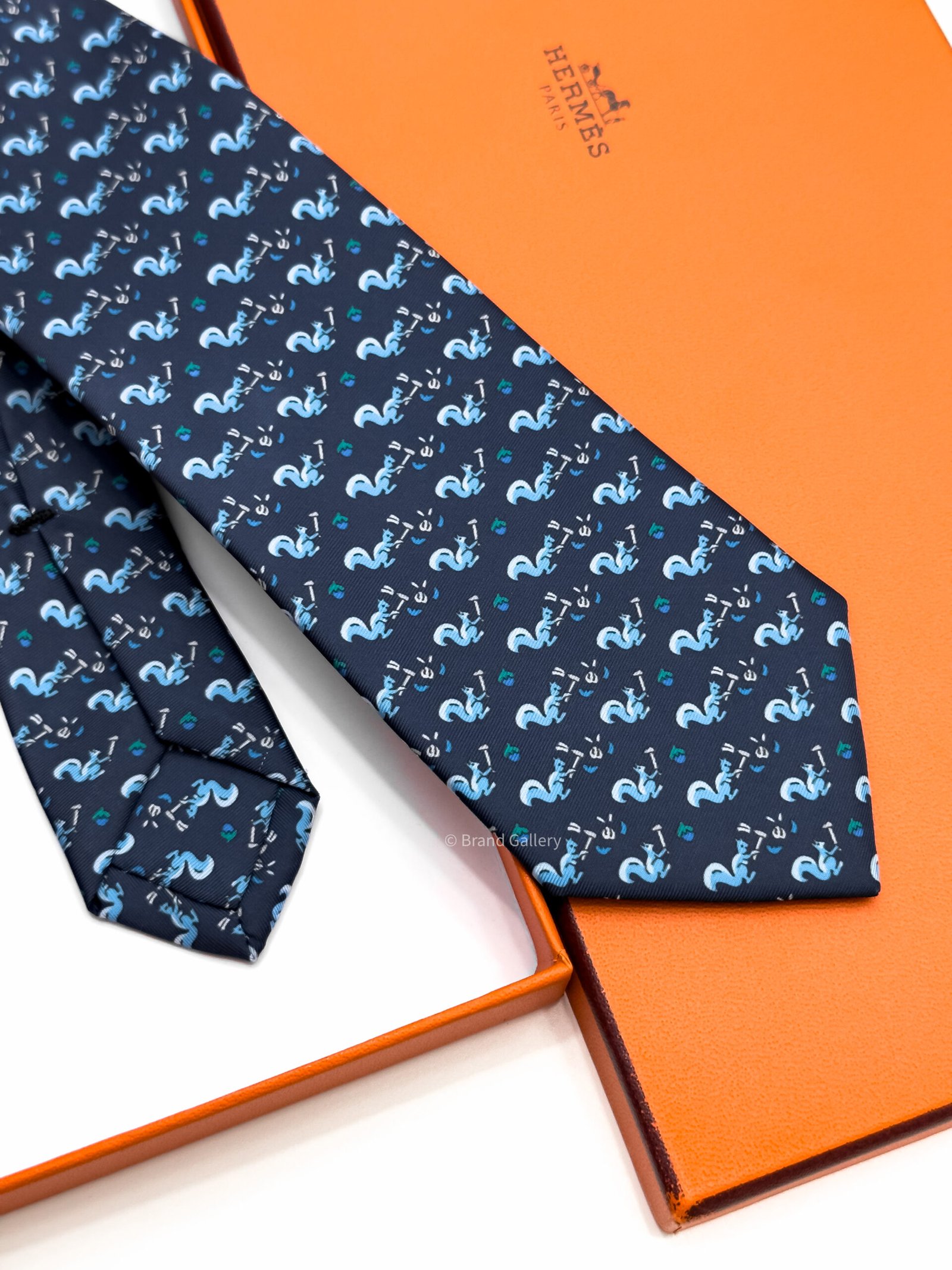 Hermes Navy Sky Blue Ecureuil Marteau Soft Silk Tie