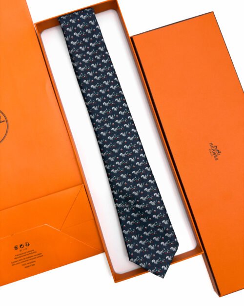 Hermes Dark Navy Ecureuil Marteau Soft Silk Tie