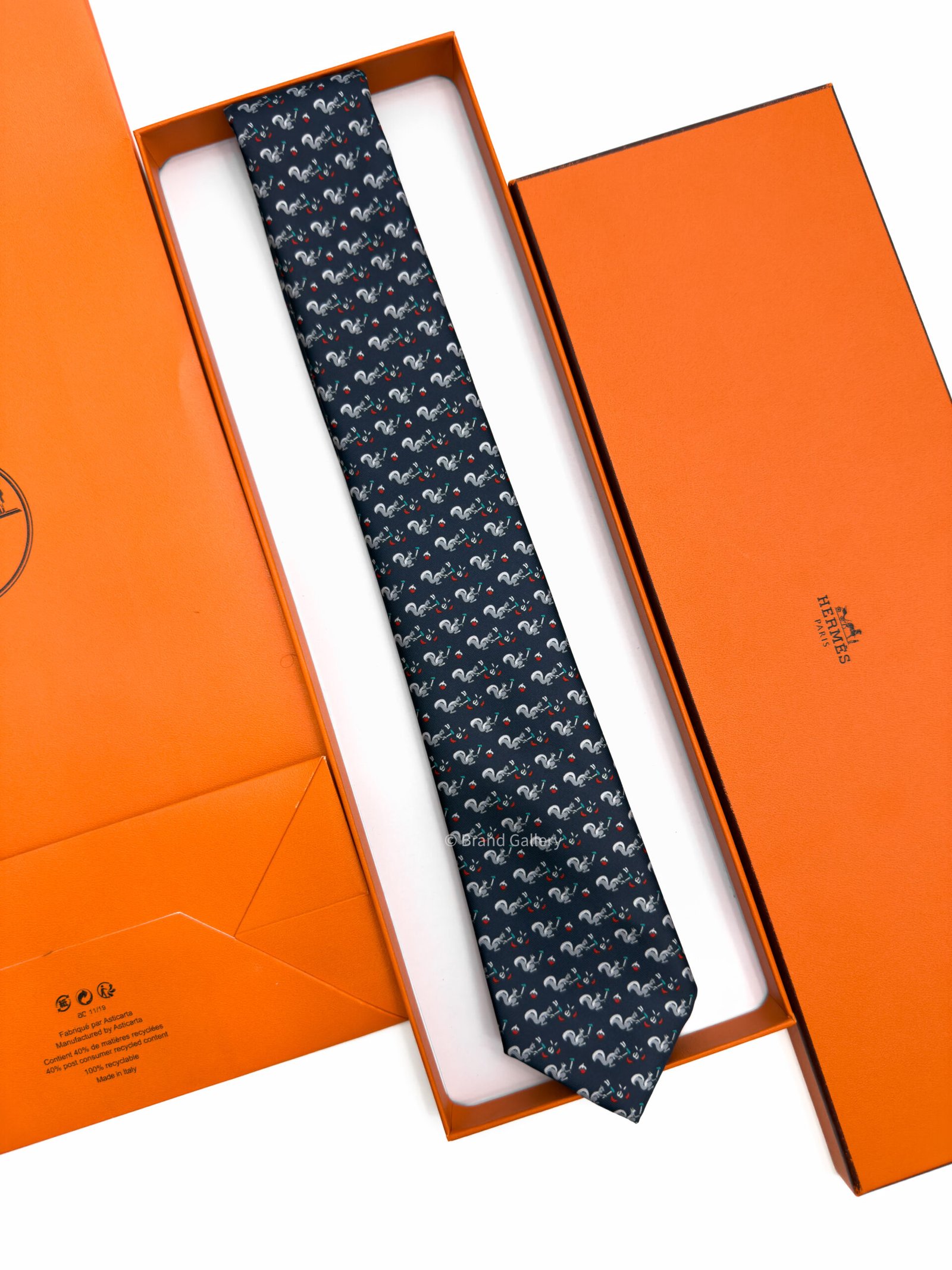 Hermes Dark Navy Ecureuil Marteau Soft Silk Tie