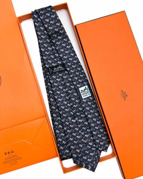 Hermes Dark Navy Ecureuil Marteau Soft Silk Tie