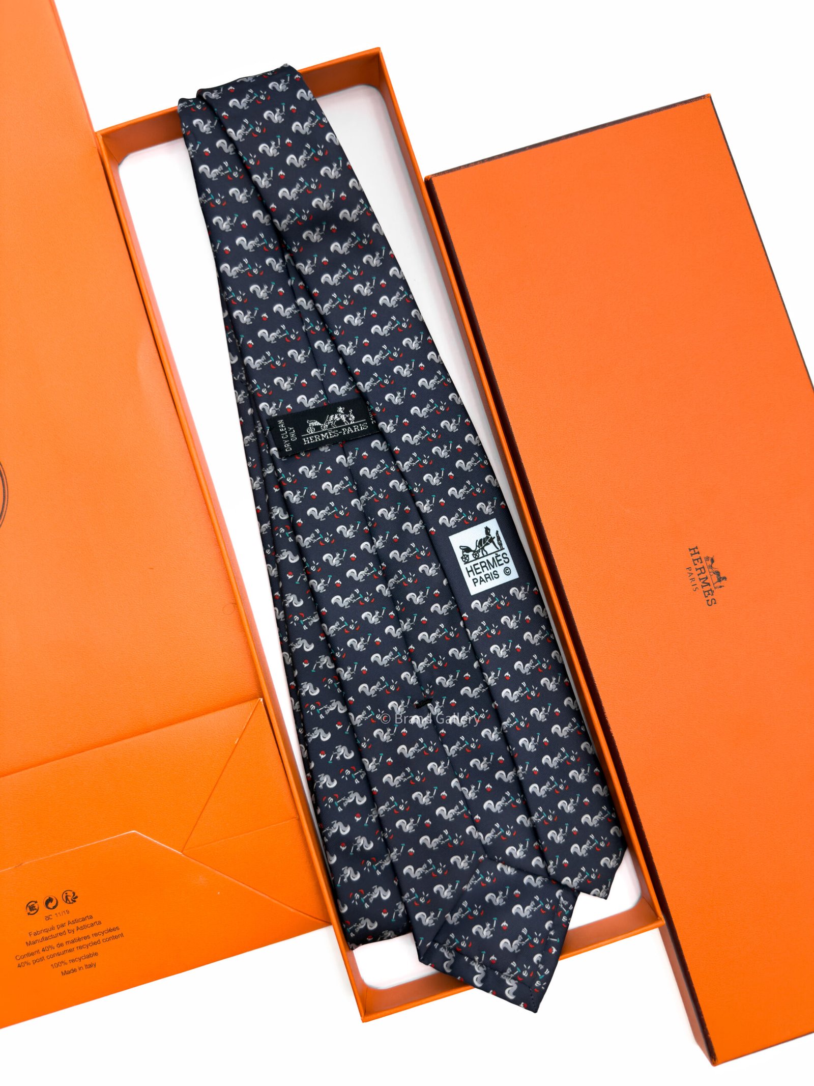 Hermes Dark Navy Ecureuil Marteau Soft Silk Tie
