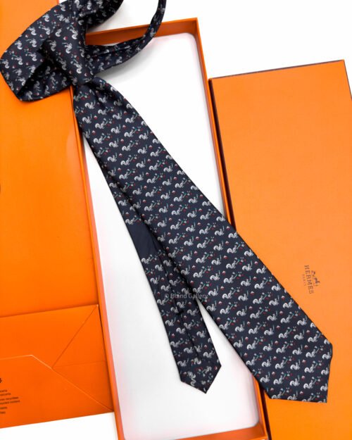 Hermes Dark Navy Ecureuil Marteau Soft Silk Tie