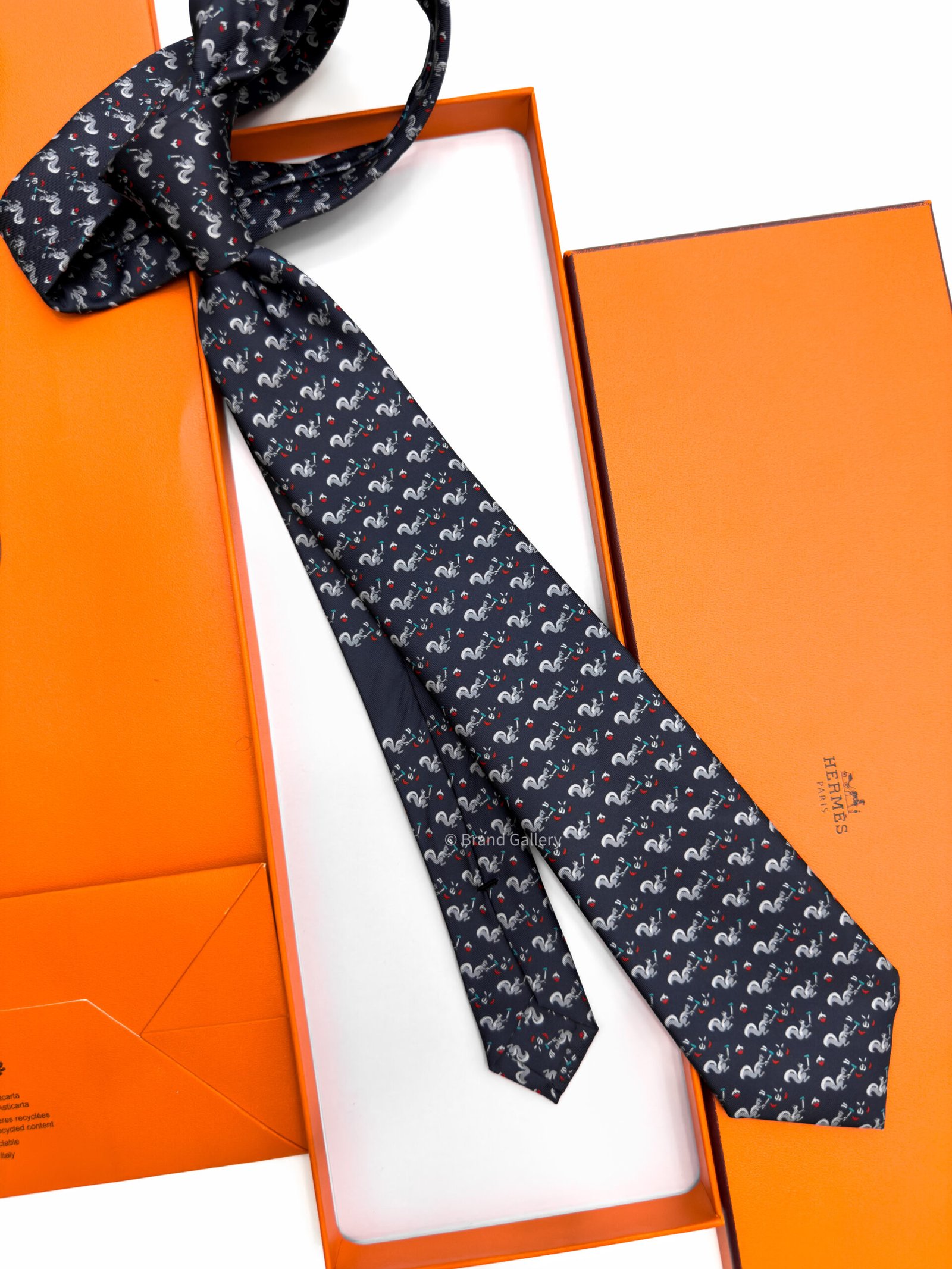 Hermes Dark Navy Ecureuil Marteau Soft Silk Tie