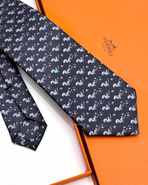 Hermes Dark Navy Ecureuil Marteau Soft Silk Tie